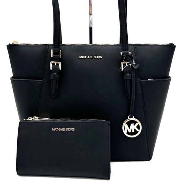 Michael Kors Large Charlotte Tote Bag & Large Double Zip Wallet Black - Picture 1 of 15
